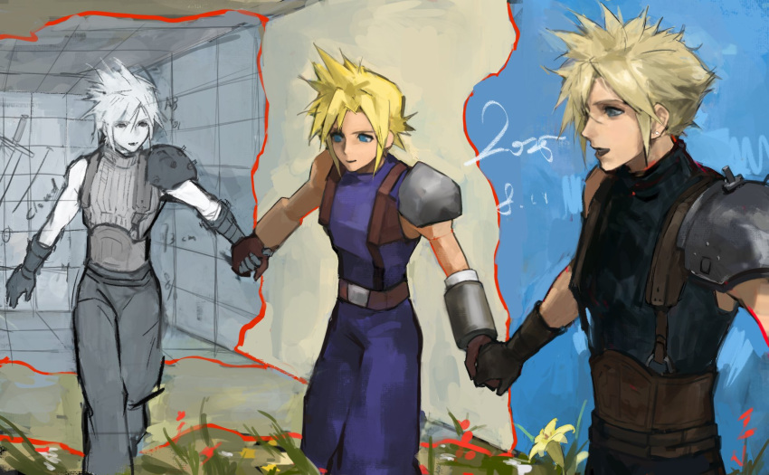 2025, armor, belt, black_gloves, black_pants, black_shirt, blonde_hair, blue_eyes