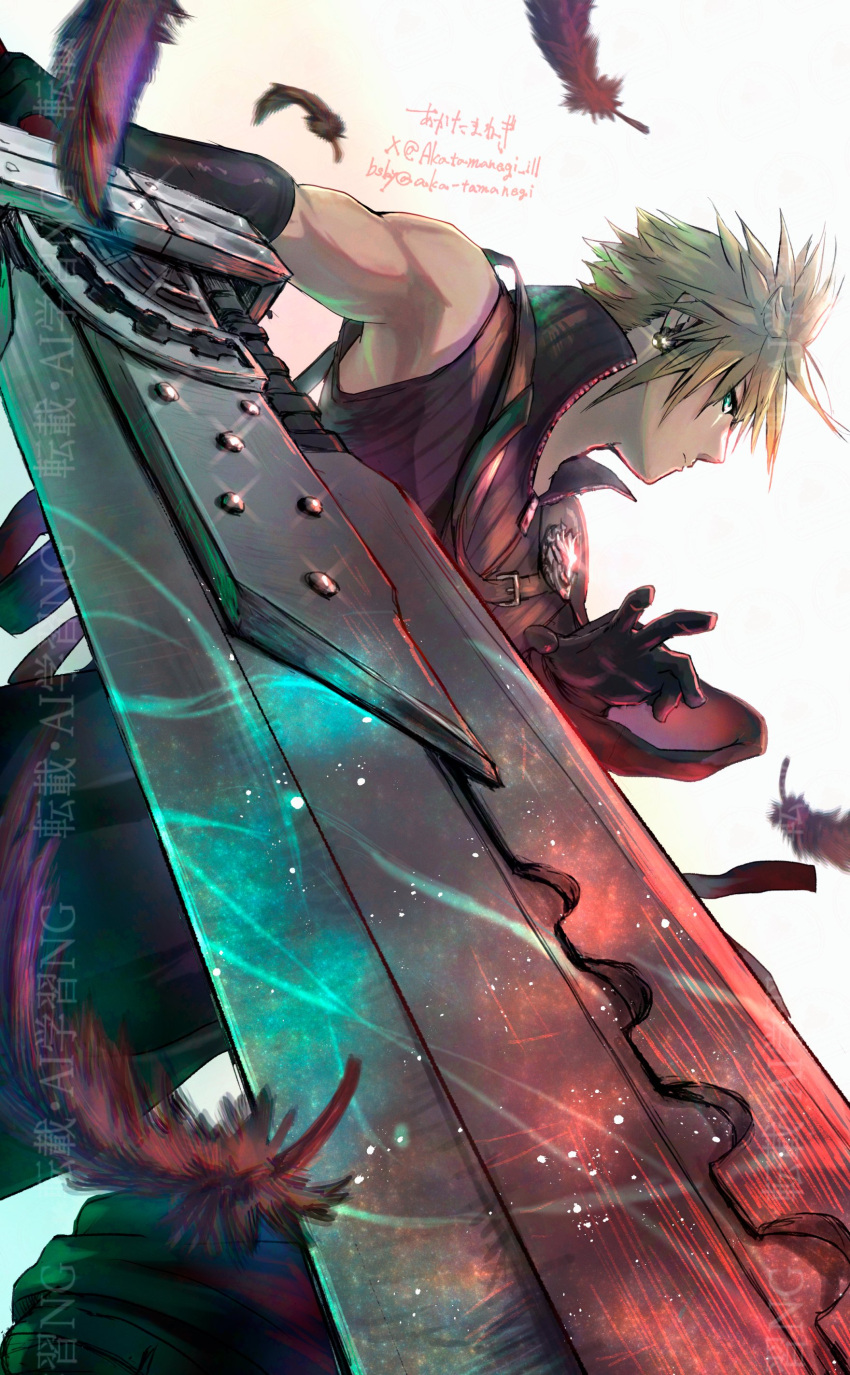 1boy, absurdres, akatamanegi_ill, blonde_hair, cloud_strife, dynamic_pose, earrings, feathers