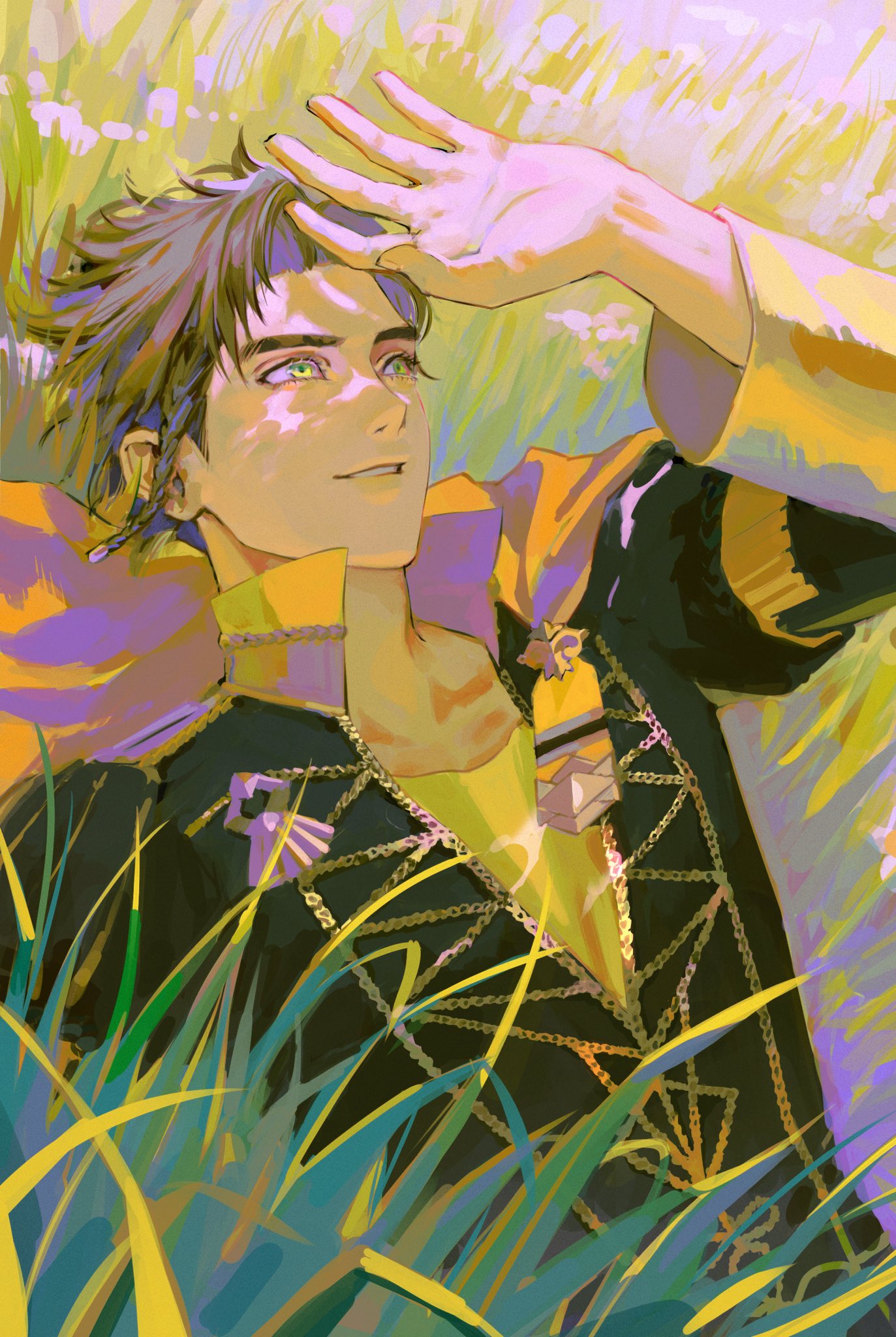 1boy, arm_up, black_jacket, braid, brown_hair, cape, claude_von_riegan, collarbone