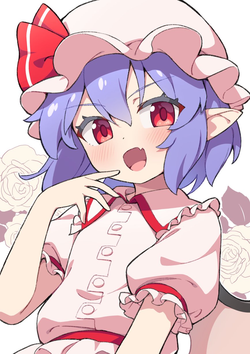1girl, bat_wings, blue_hair, blush, collared_shirt, commentary_request, fang, flower