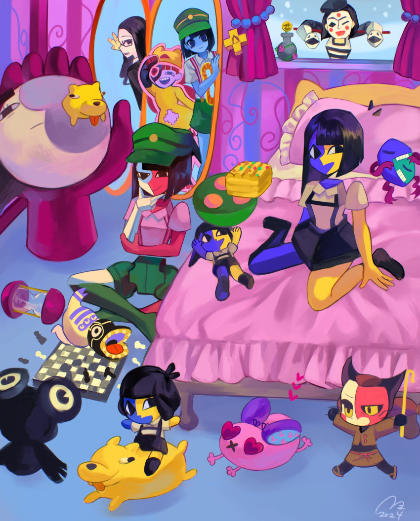 6+girls, artist_self-insert, black_hair, blue_skin, blunt_bangs, board_game, character_doll, chess