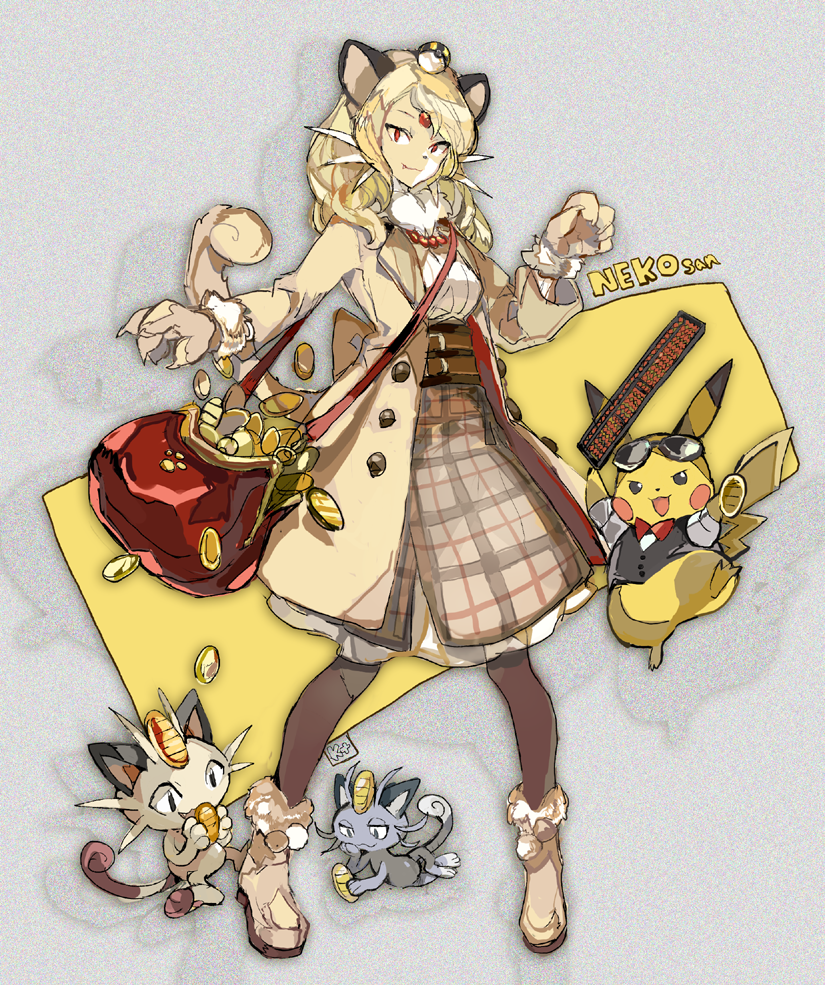 1girl, alolan_meowth, animal_ears, animal_hands, black_vest, blonde_hair, boots, bow