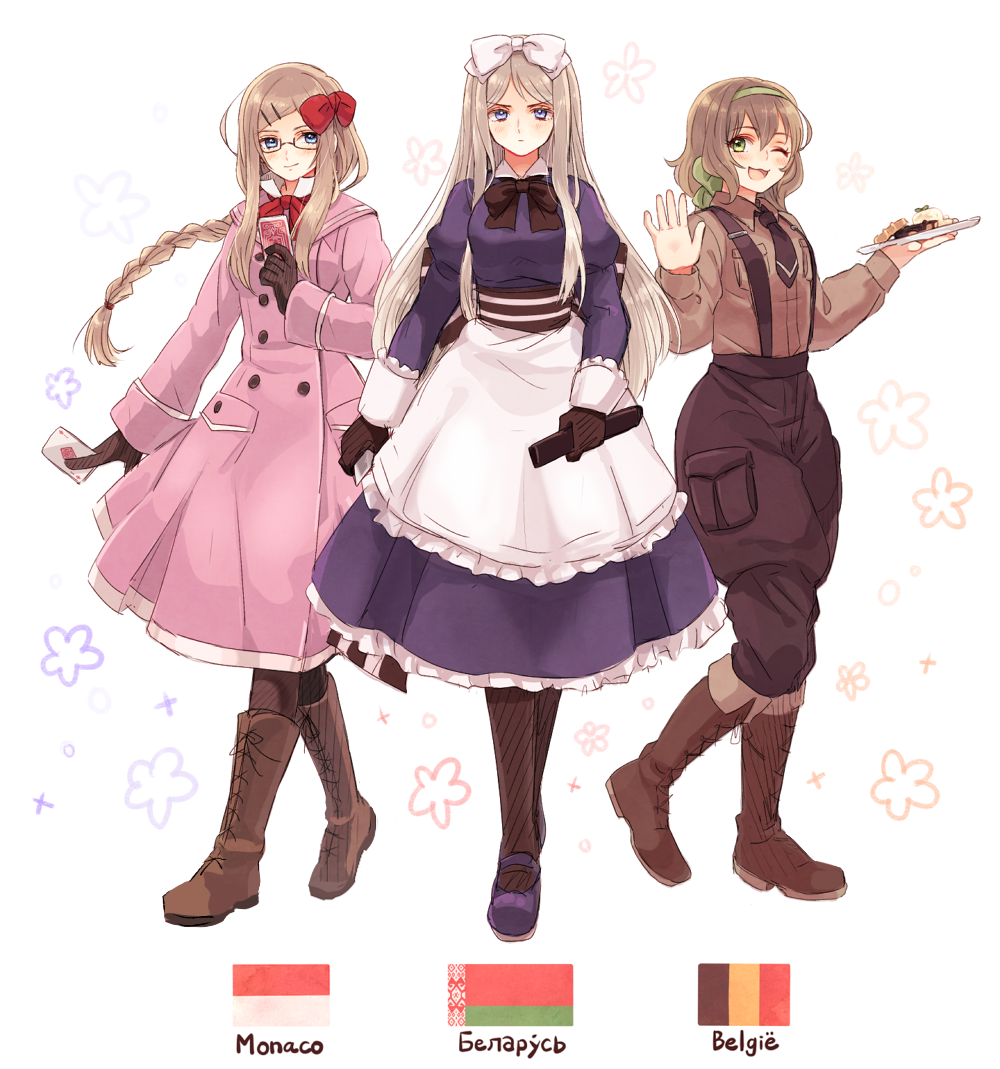 3girls, apron, axis_powers_hetalia, back_bow, baggy_pants, belarus_(hetalia), belarusian_flag, belgian_flag