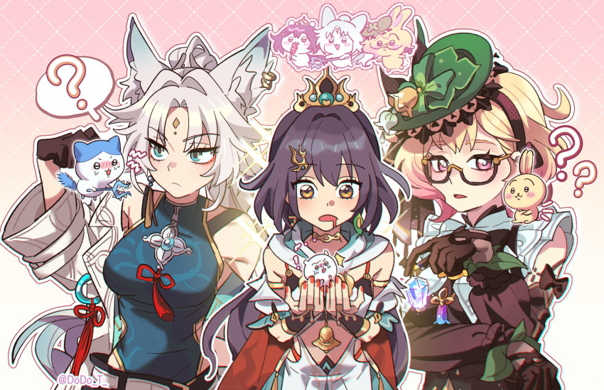 3girls, ?, animal_ear_fluff, animal_ear_piercing, animal_ears, aqua_eyes, artist_name, bare_shoulders
