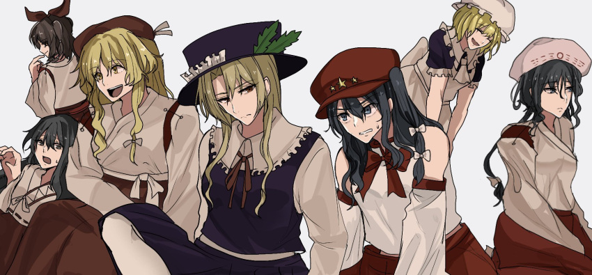 6+girls, apron, ascot, bare_shoulders, black_eyes, black_hair, black_hat, black_skirt