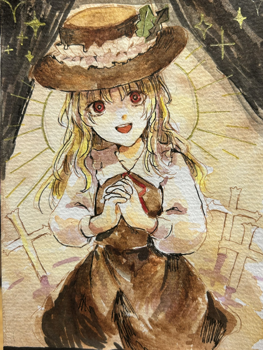 1girl, :d, blonde_hair, breasts, brown_hat, brown_skirt, brown_vest, commentary_request, cross, dolls_in_pseudo_paradise, feathers, fedora, frilled_shirt_collar, frills, green_feathers, hat, hat_feather, highres, jacket_girl_(dipp), long_hair, long_sleeves, looking_at_viewer, neck_ribbon, nek0magur0, own_hands_clasped, own_hands_together, puffy_sleeves, red_eyes, red_ribbon, ribbon, skirt, small_breasts, smile, solo, teeth, touhou, traditional_media, upper_body, upper_teeth_only, vest