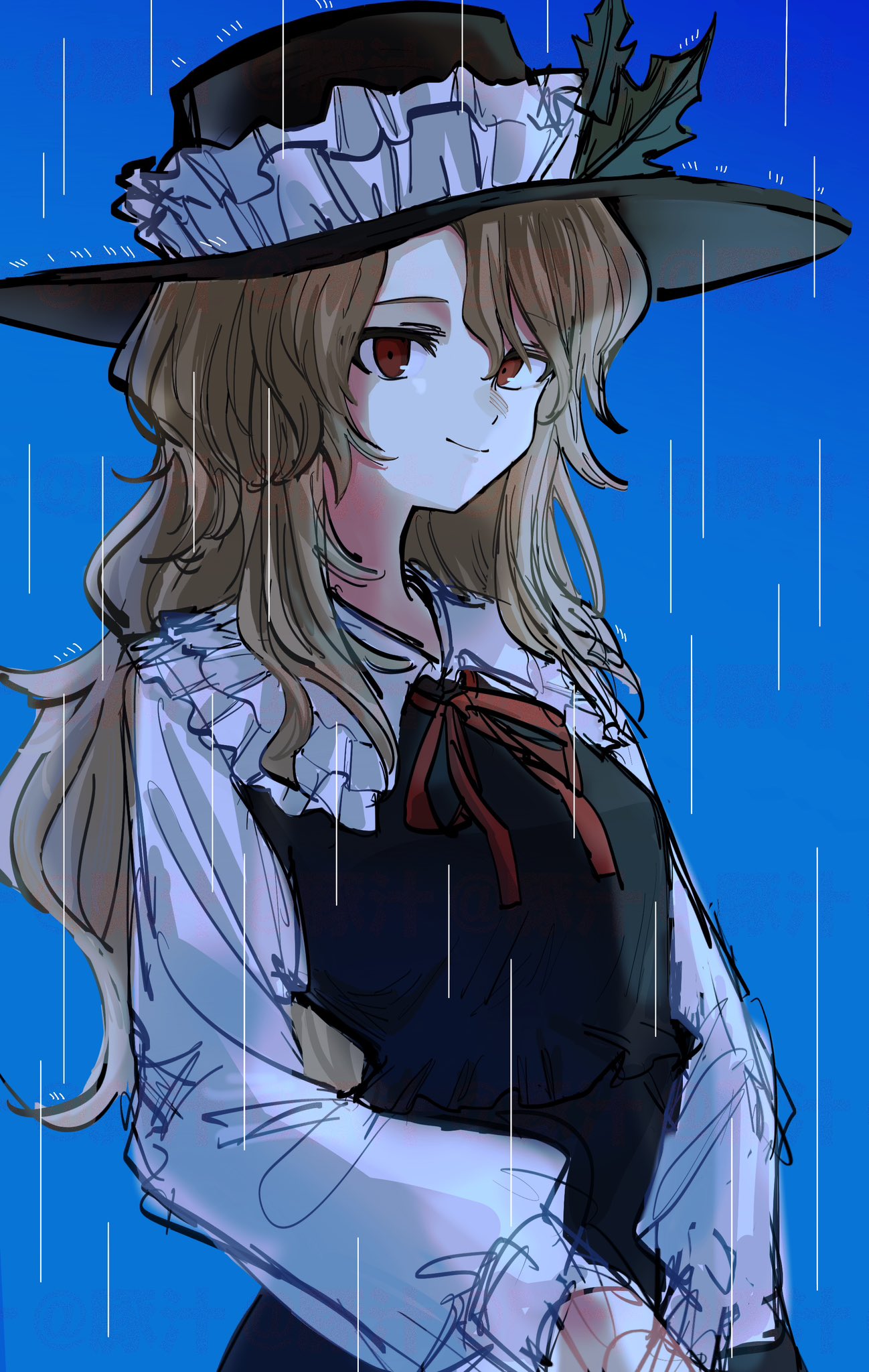 1girl, ame_iru, black_hat, black_skirt, black_vest, blonde_hair, breasts, closed_mouth