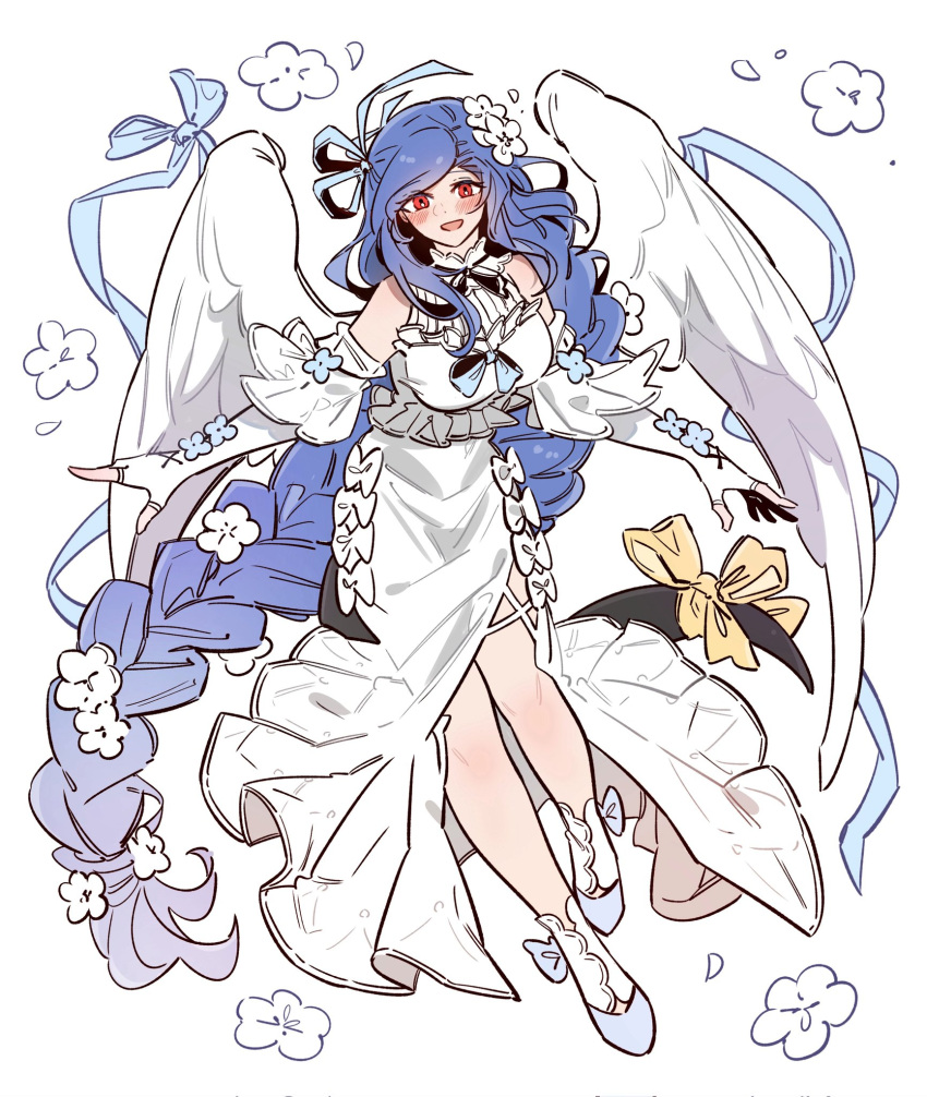 1girl, angel_wings, bare_legs, bare_shoulders, blue_hair, blush, braid, braided_ponytail