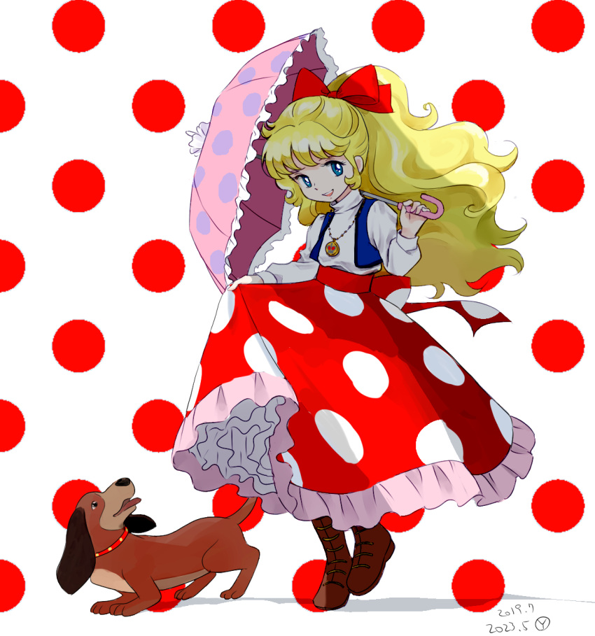 1girl, angie_irington, animal, animal_collar, back_bow, blonde_hair, blue_eyes, blue_vest