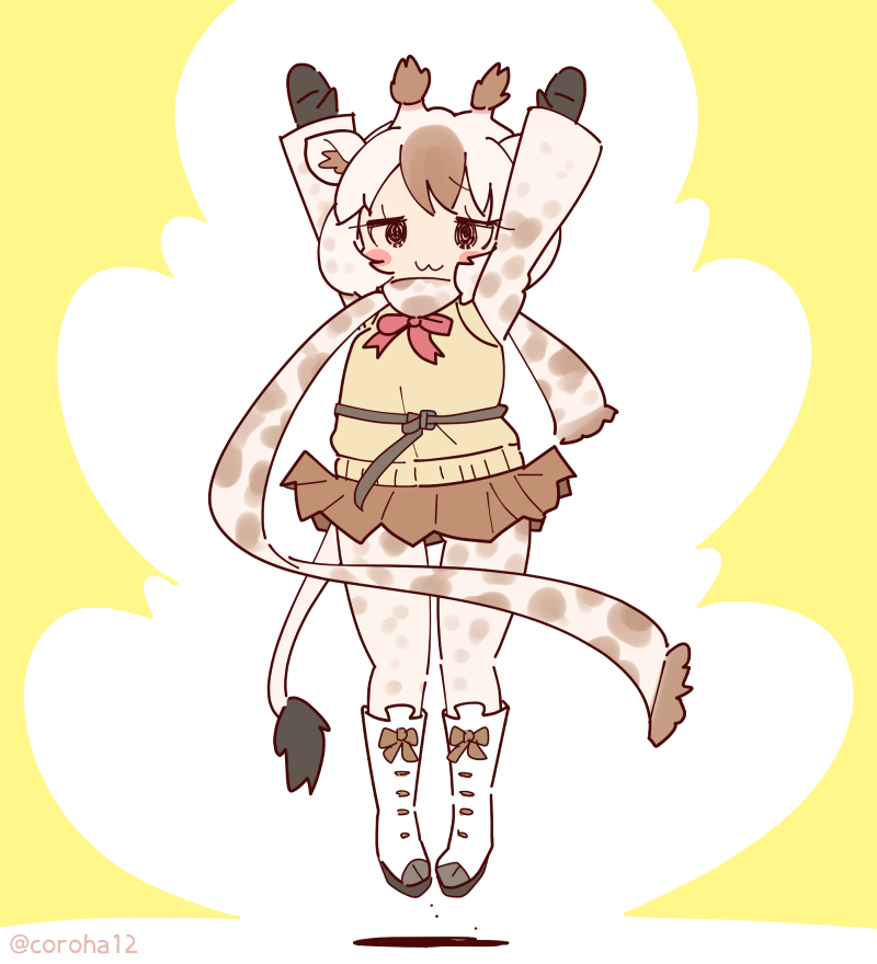 1girl, angolan_giraffe_(kemono_friends), animal_ears, animal_print, arms_up, belt, boots, brown_hair