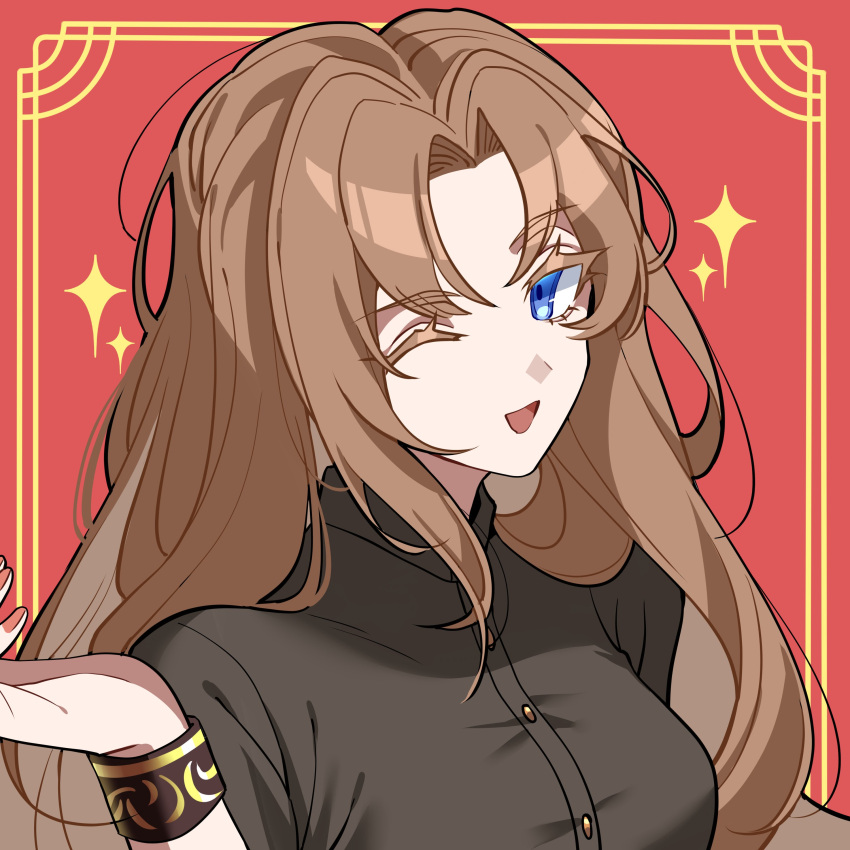 1girl, absurdres, black_shirt, blue_eyes, bracelet, breasts, brown_hair, buttons