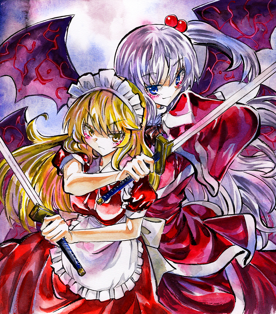 2girls, apron, back-to-back, beads, blonde_hair, blue_eyes, collared_shirt, dress