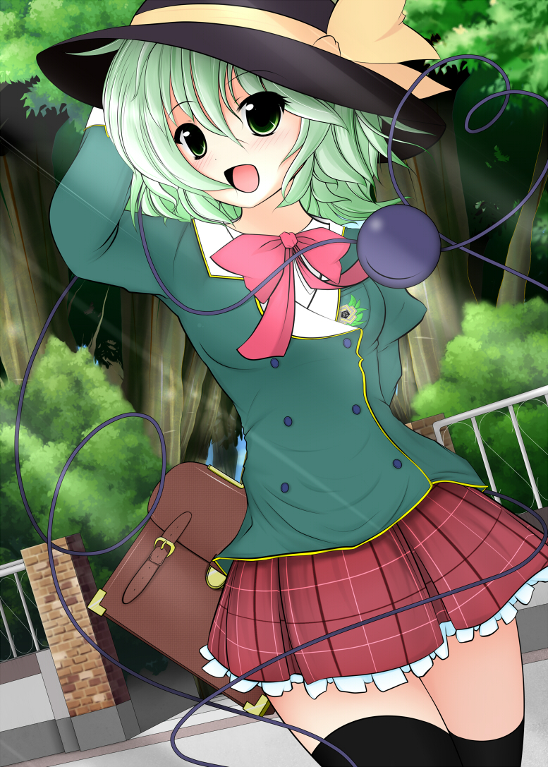 alternate_costume, bag, bakko, black_legwear, blush, bow, comic, eyeball