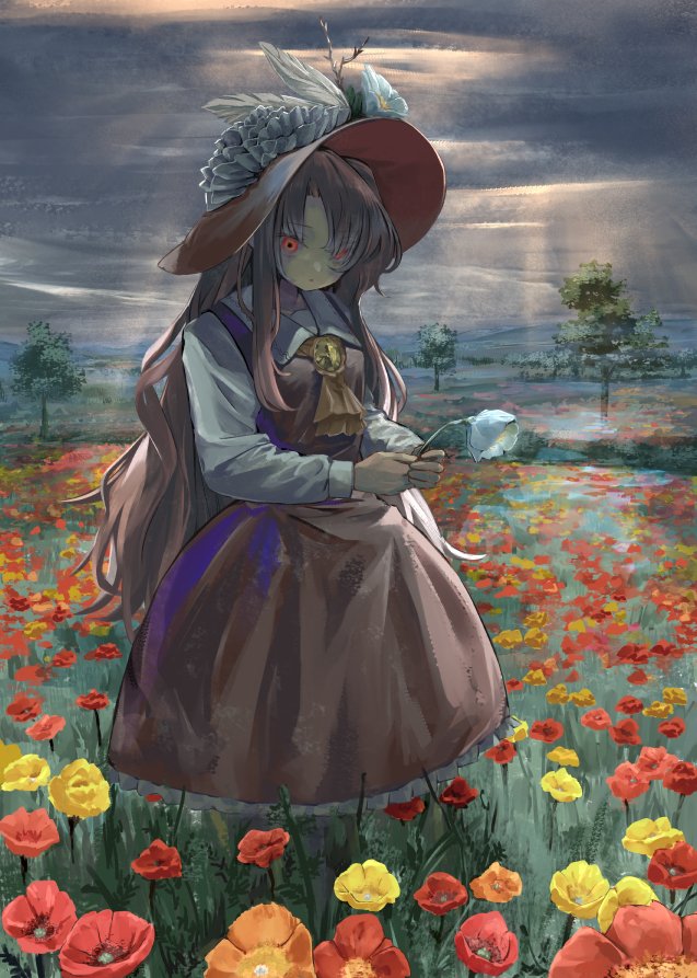 1girl, ascot, blonde_hair, brown_dress, brown_hat, commentary_request, dress, field, flower, flower_field, frilled_hat, frills, hat, hat_feather, jacket_girl_(dipp), kiyonetto, long_hair, orange_flower, outdoors, red_eyes, red_flower, solo, touhou, upper_body, very_long_hair, yellow_ascot, yellow_flower