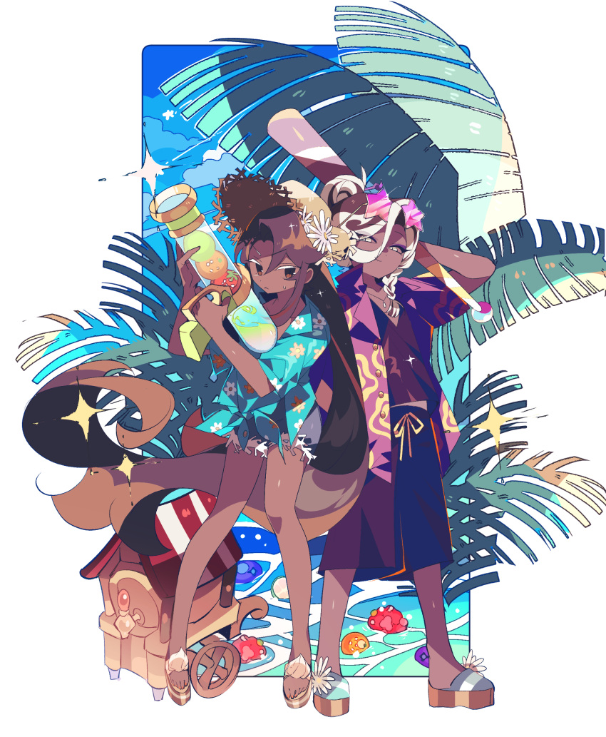 1boy, 1girl, affogato_cookie, alternate_costume, androgynous, apple, aqua_jacket, arm_behind_head, back-to-back, bare_legs, black_shirt, black_shorts, blue_sky, blueberry, border, braid, brown_eyes, brown_hair, caramel_arrow_cookie, chinese_commentary, closed_mouth, collared_jacket, colored_eyelashes, commentary_request, cookie_run, cookie_run:_kingdom, dark-skinned_female, dark-skinned_male, dark_skin, day, denim, denim_shorts, eyewear_on_head, floral_print, flower, food, frown, fruit, full_body, fur-trimmed_shorts, fur_trim, gold_sandals, grey_shorts, hair_between_eyes, hair_bun, hat, hat_flower, highres, holding, humanization, jacket, jewelry, leaf, legs_apart, long_hair, looking_at_viewer, multicolored_hair, necklace, no_sclera, open_clothes, open_jacket, orange_(fruit), outdoors, outside_border, pink-tinted_eyewear, platform_sandals, purple_jacket, ribbon, ribbon-trimmed_shorts, ribbon_trim, rocket_launcher, sandals, shirt, short-sleeved_jacket, short_hair, short_sleeves, shorts, shu_(pjxv7485), side_braid, single_braid, single_hair_bun, sky, smile, sparkle, standing, star-shaped_eyewear, star_(symbol), sunglasses, sweatdrop, tinted_eyewear, toes, two-tone_hair, v-shaped_eyebrows, very_long_hair, weapon, white_border, white_eyelashes, white_eyes, white_flower, white_hair, yellow-framed_eyewear, yellow_hat, yellow_ribbon
