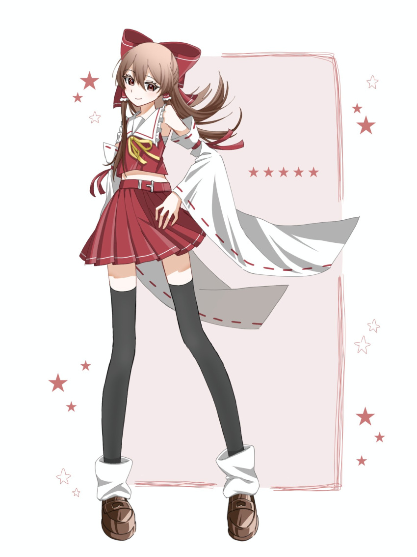 1girl, bare_shoulders, belt, black_thighhighs, bow, brown_hair, brown_shoes, detached_sleeves