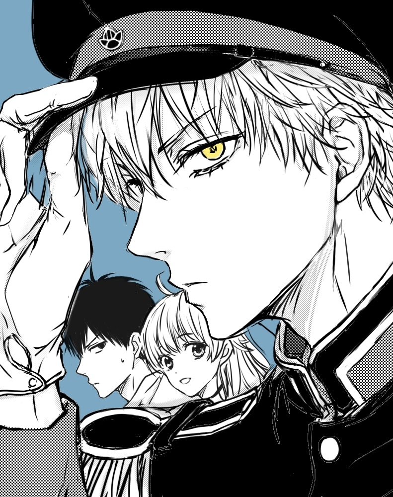1girl, 2boys, :d, blue_background, epaulettes, gloves, hand_on_headwear, hand_up