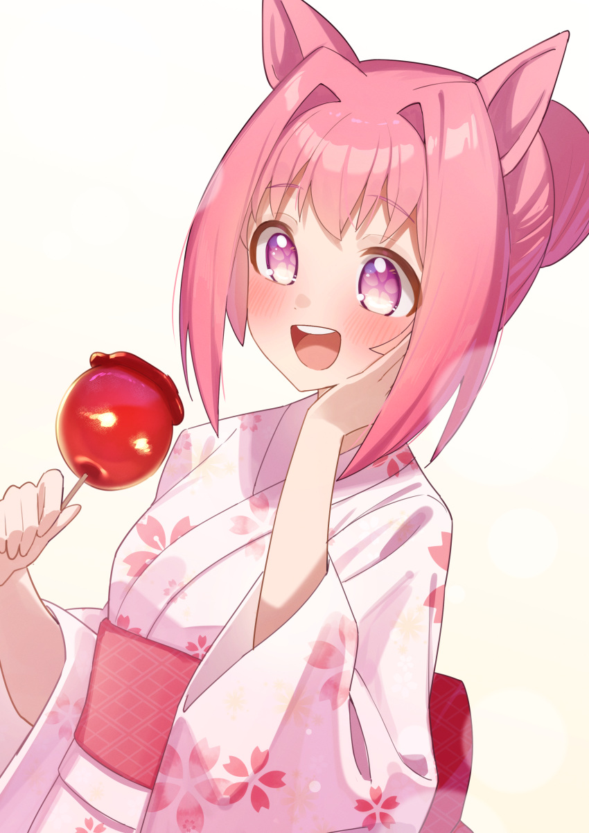 1girl, :d, absurdres, alternate_costume, blush, candy_apple, commentary_request, crossed_bangs