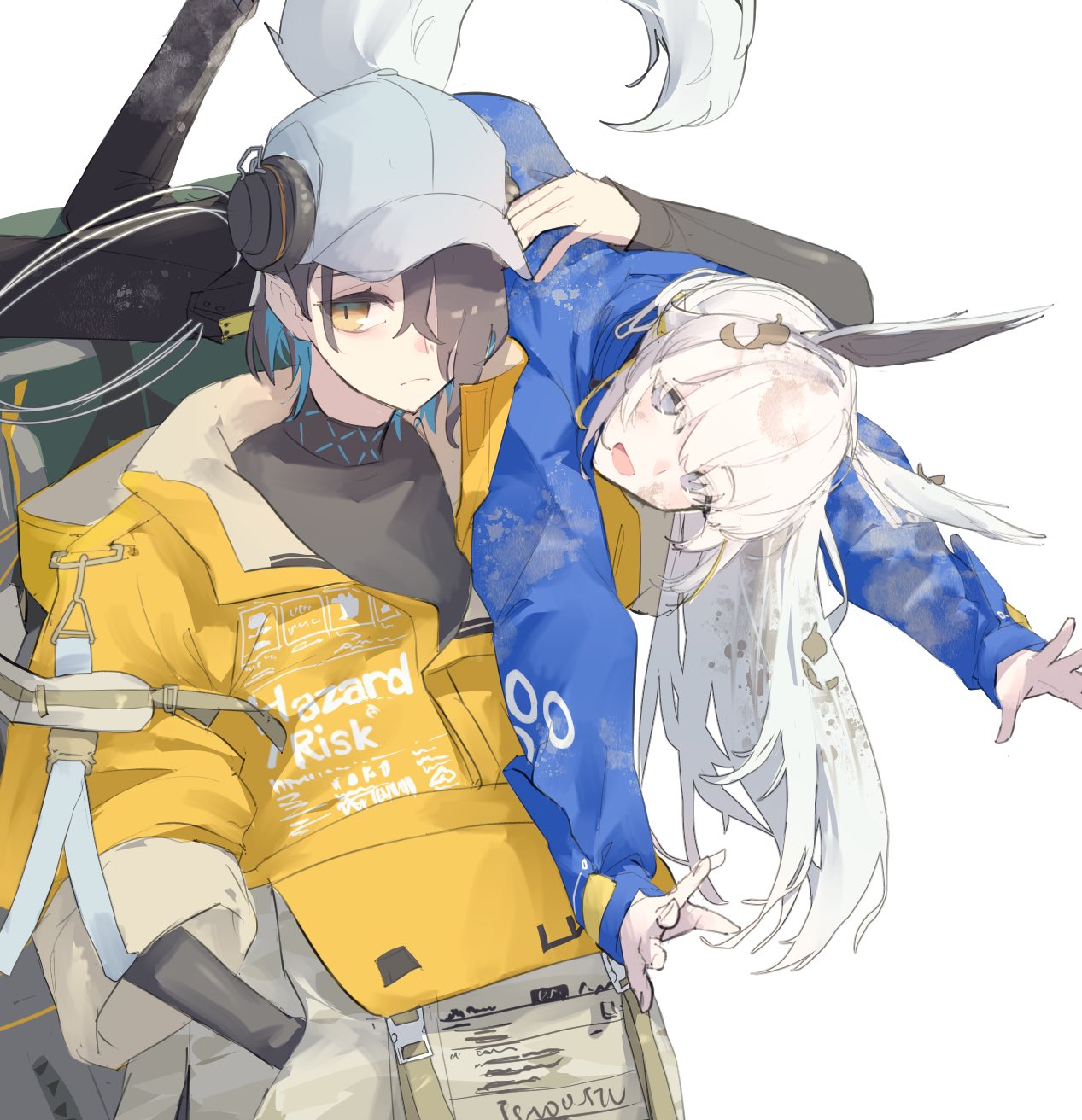 2girls, animal_ears, arknights, arm_up, asbestos_(arknights), baseball_cap, black_pants, blue_jacket