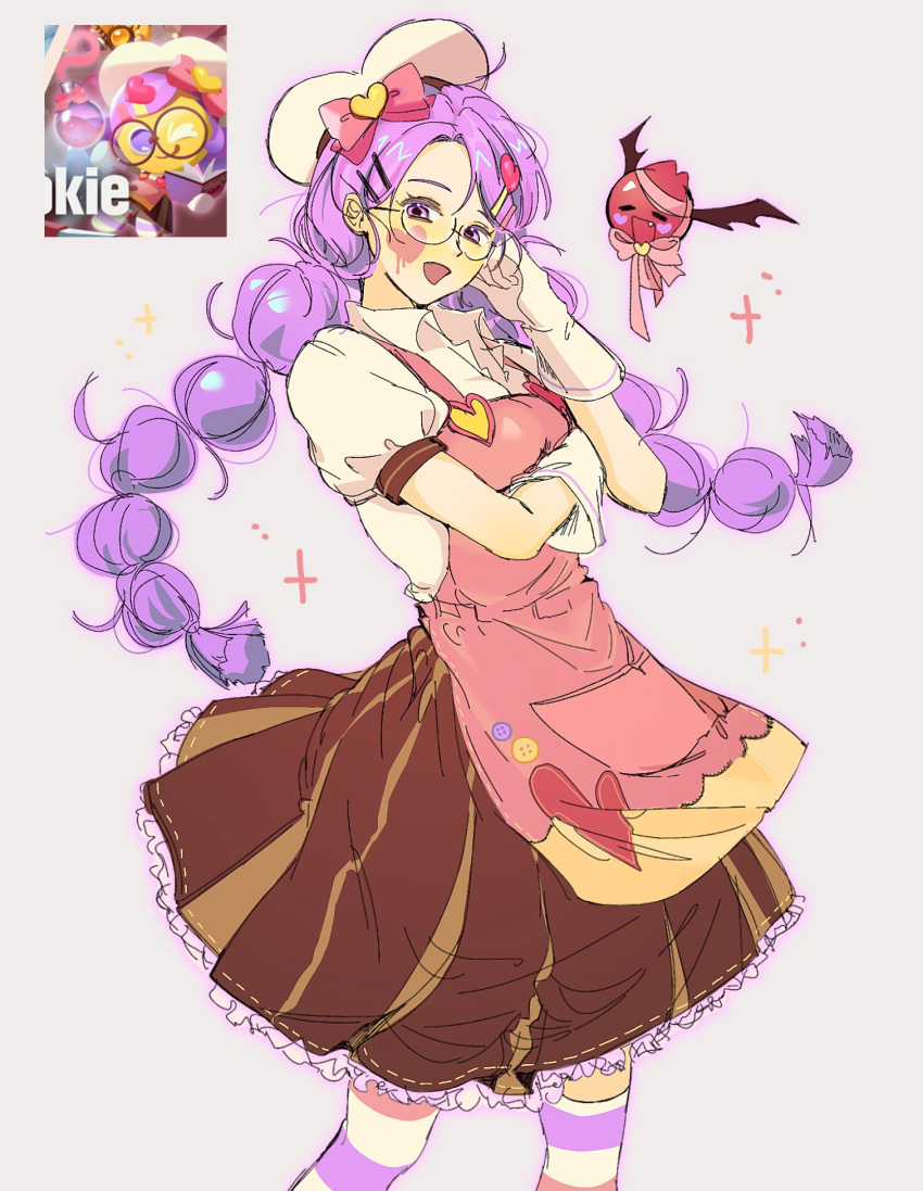 1girl, :d, alchemist_cookie, alchemist_cookie_(love_potion_crafter), apron, arm_under_breasts, black-framed_eyewear, bow