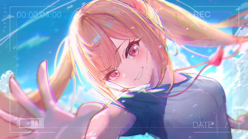 1girl, artist_name, bad_anatomy, blonde_hair, blurry, blurry_foreground, blush, breasts