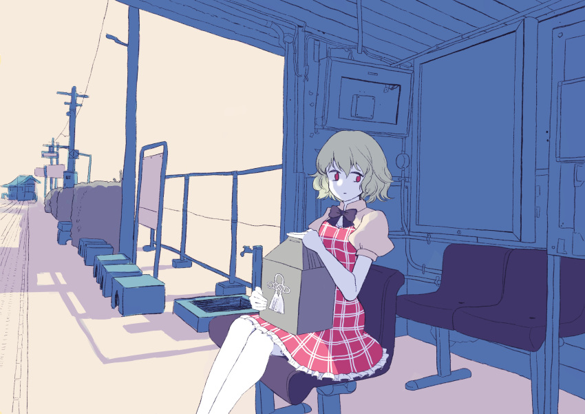 1girl, absurdres, basin, bench, black_bow, black_bowtie, bow, bowtie, box, building, bush, cable, colored_skin, commentary_request, dress, expressionless, faucet, feet_out_of_frame, green_hair, highres, holding, holding_box, kazami_yuuka, knees, looking_to_the_side, on_bench, plaid_clothes, plaid_dress, power_gorillas, power_lines, puffy_short_sleeves, puffy_sleeves, railroad_tracks, red_dress, red_eyes, screen, shadow, short_sleeves, sign, solo, tassel, touhou, train_station, train_station_platform, utility_pole, white_background, white_skin, white_sleeves