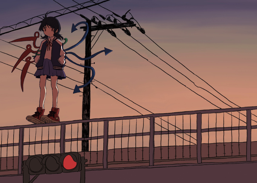 1girl, alternate_costume, asymmetrical_wings, black_hair, blue_jacket, blue_skirt, bridge, expressionless