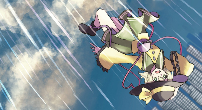 1girl, album_cover, black_boots, black_hat, blue_sky, boots, bright_pupils, buttons