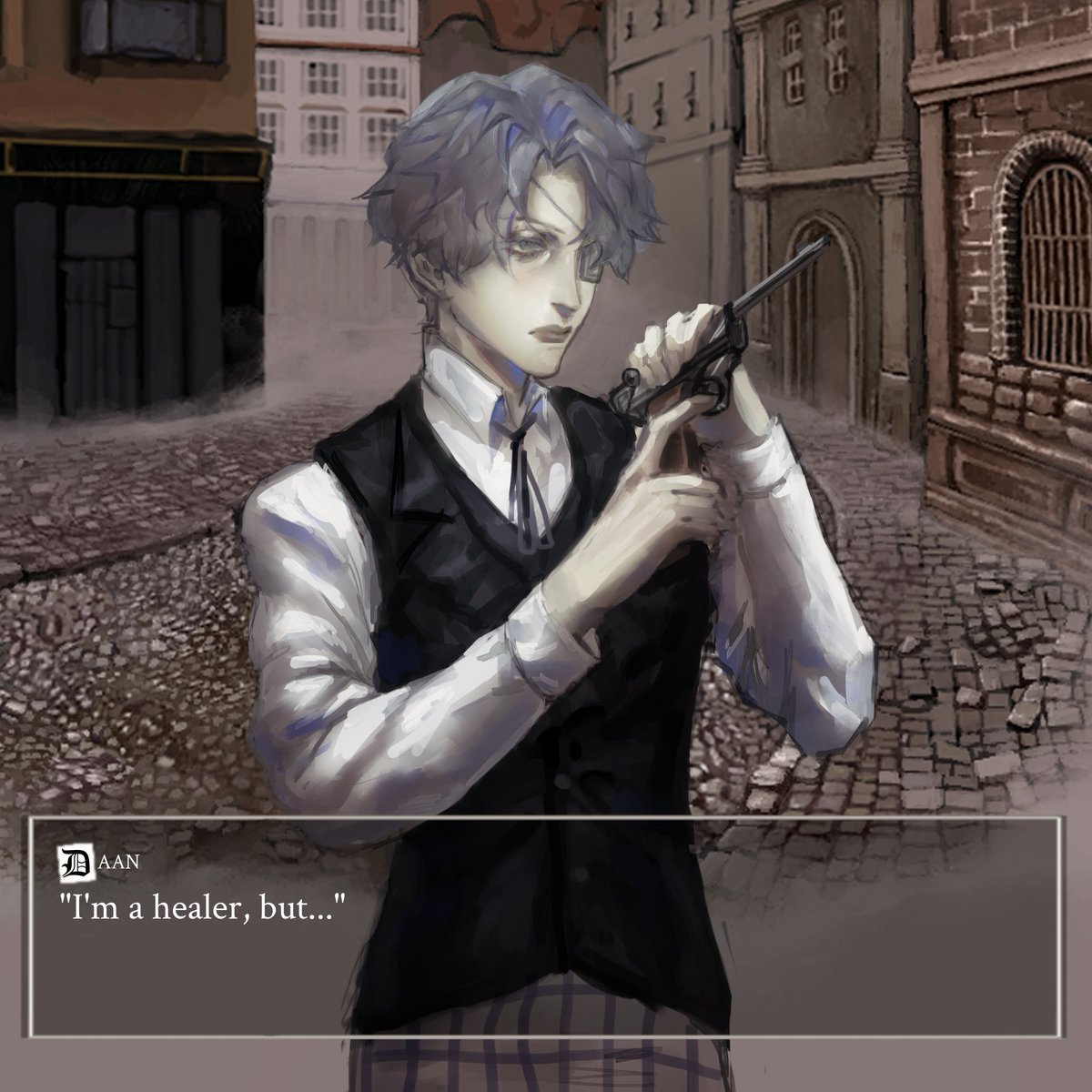 1boy, black_vest, character_name, closed_mouth, cocking_gun, collared_shirt, commentary, daan_(fear_&amp;_hunger), dialogue_box, english_commentary, english_text, eyepatch, fear_&amp;_hunger_(series), fear_&amp;_hunger_2:_termina, finger_on_trigger, grey_hair, gun, handgun, highres, holding, holding_gun, holding_weapon, i'm_a_healer_but..._(meme), jilalli, lips, long_sleeves, male_focus, medical_eyepatch, meme, neck_ribbon, pants, plaid_clothes, plaid_pants, purple_pants, ribbon, shirt, short_hair, solo, upper_body, vest, weapon, white_shirt