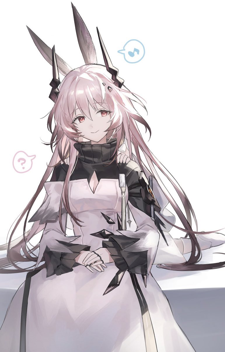 2girls, ?, amiya_(arknights), amiya_(young)_(arknights), animal_ears, arknights, asymmetrical_horns, black_dress, black_horns, breasts, check_commentary, cleavage_cutout, clothing_cutout, commentary_request, dress, hair_between_eyes, highres, horns, jewelry, kneeling, long_hair, long_sidelocks, long_sleeves, looking_at_viewer, material_growth, medium_breasts, multiple_girls, multiple_rings, musical_note, oripathy_lesion_(arknights), own_hands_together, pimi, pink_hair, rabbit_ears, ring, sidelocks, sitting, sleeves_past_wrists, smile, socks, solo, spoken_musical_note, spoken_question_mark, theresa_(arknights), turtleneck, turtleneck_dress, two-tone_dress, uneven_horns, very_long_hair, when_you_see_it, white_dress, white_socks, wide_sleeves