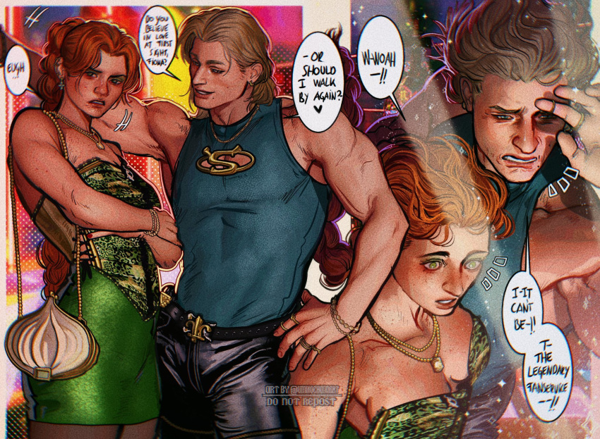 1boy, 1girl, bag, black_pants, blonde_hair, blue_eyes, blue_shirt, chain