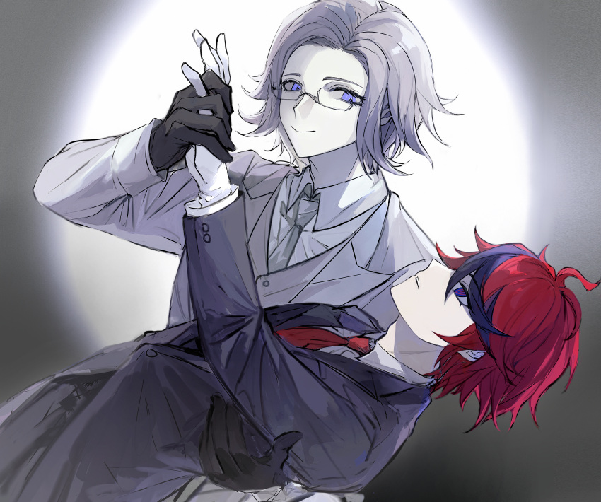 2boys, absurdres, ahoge, aotsuki_eito, black_coat, black_gloves, black_streaks, blue_eyes