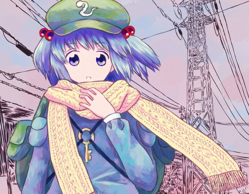 1girl, album_cover, backpack, bag, beads, blue_eyes, blue_hair, building