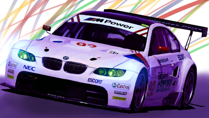 american_le_mans_series, bmw, bmw_3_series, bmw_m3, car, castrol, colorful_background, commentary_request, dunlop, exhaust, gradient_background, imsa_sportscar_championship, kirishima_juukougyou, motor_vehicle, naca_duct, nec_corporation, no_humans, race_vehicle, racecar, racing, rear-view_mirror, spoiler_(automobile), sponsor, vehicle_focus, volk_racing, white_background, windshield