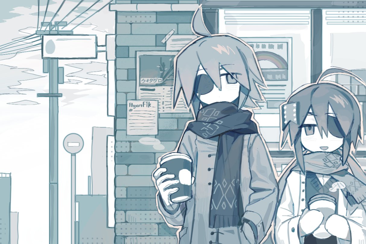 1boy, 1girl, ahoge, alela_grora_(funamusea), black_scarf, black_vest, clouds, coat