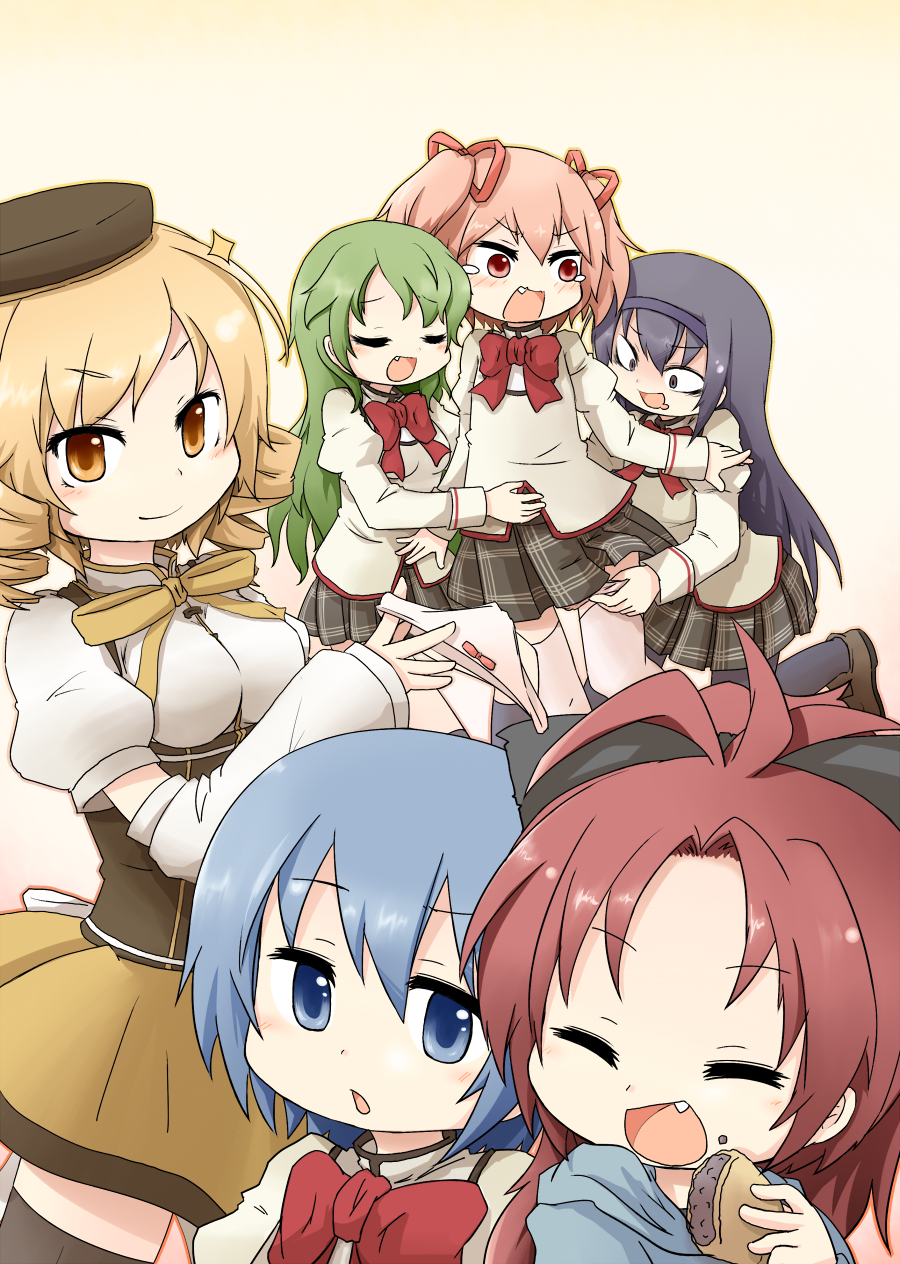 akemi_homura, black_hair, blonde_hair, blue_hair, drill_hair, drooling, eating, fang