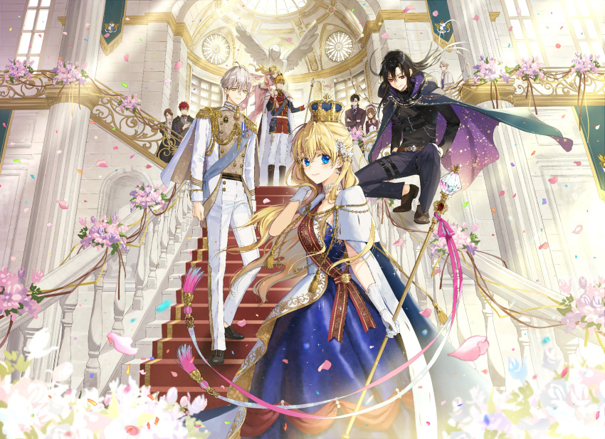 absurdres, athanasia_de_alger_obelia, cape, claude_de_alger_obelia, crown, dress, flower, hair_flowing_over