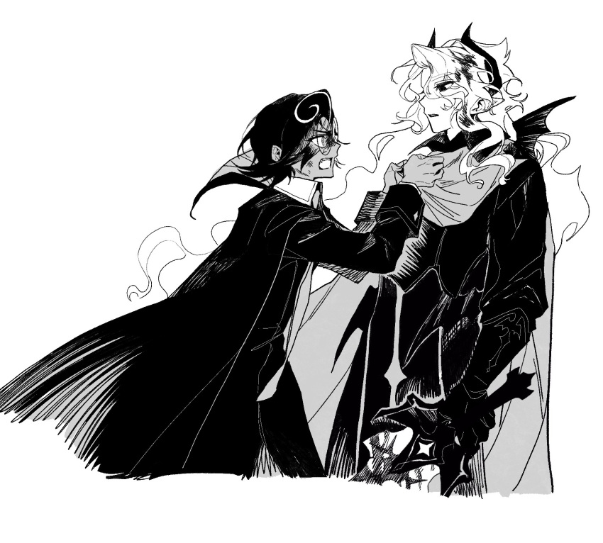 2boys, armor, armored_gloves, cape, coat, collared_coat, commentary, cookie_run