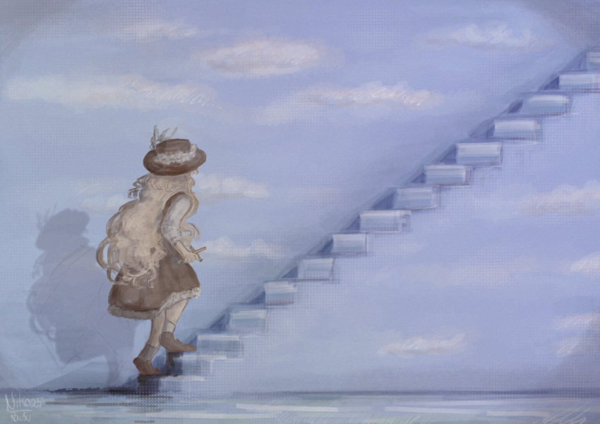 1girl, blonde_hair, brown_vest, cross, dolls_in_pseudo_paradise, fedora, frills, hat, hat_feather, highres, holding, holding_cross, jacket_girl_(dipp), long_hair, long_sleeves, niko_rausu, on_stairs, shirt, skirt, stairs, the_truman_show, touhou, very_long_hair, vest, wavy_hair, white_shirt