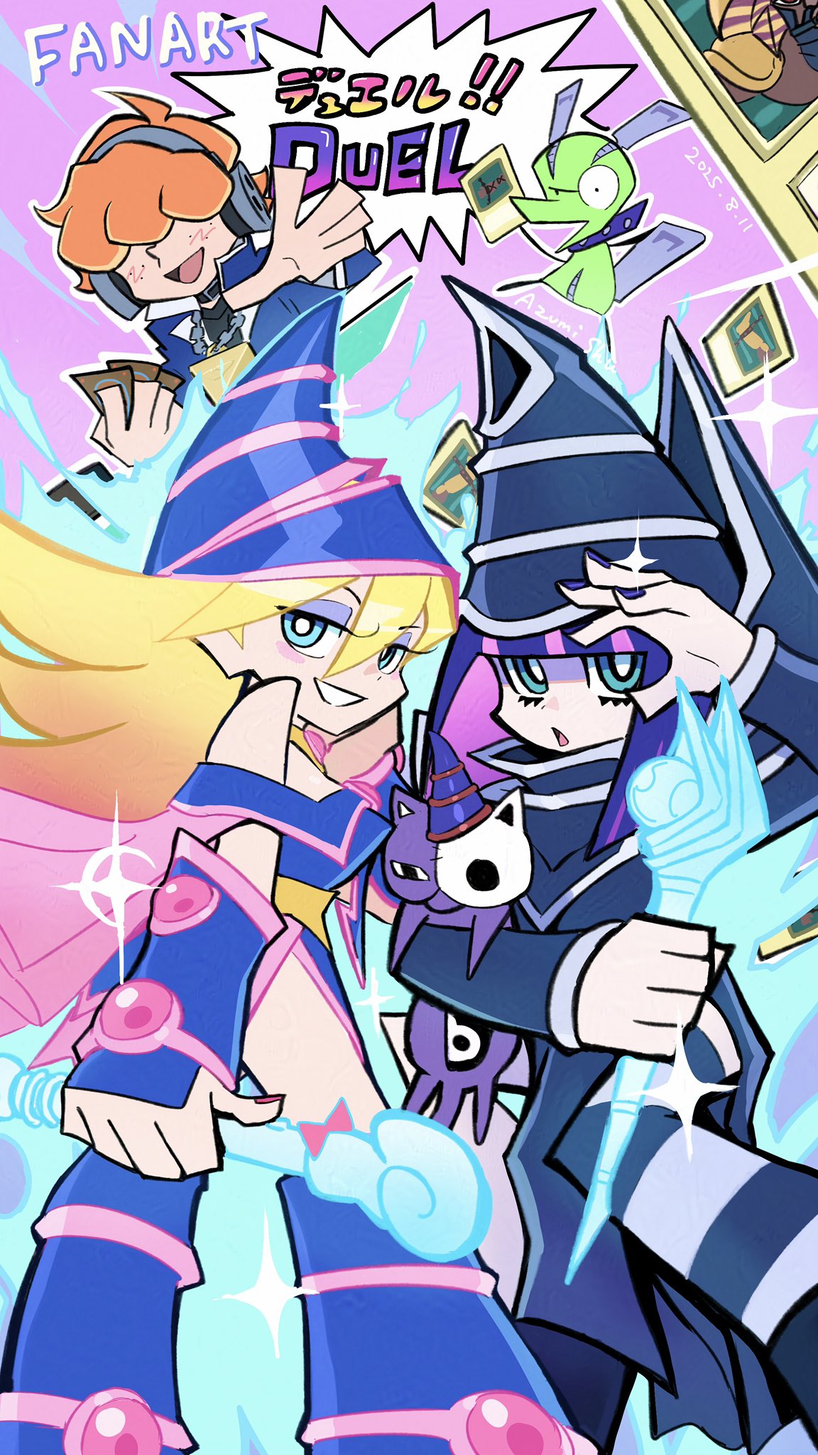 2boys, 2girls, blonde_hair, blue_eyes, brief_(psg), chuck_(psg), cosplay, dark_magician, dark_magician_(cosplay), dark_magician_girl, dark_magician_girl_(cosplay), exodia_the_forbidden_one, exodia_the_forbidden_one_(cosplay), freckles, garterbelt_(psg), hat, headphones, highres, long_hair, millennium_puzzle, multicolored_hair, multiple_boys, multiple_girls, muto_yugi, muto_yugi_(cosplay), orange_hair, panty_&amp;_stocking_with_garterbelt, panty_(psg), pink_hair, purple_hair, robe, rod, rooru_kyaabetsu, smile, stocking_(psg), striped_clothes, striped_thighhighs, stuffed_animal, stuffed_toy, thigh-highs, thighs, wizard_hat, yu-gi-oh!