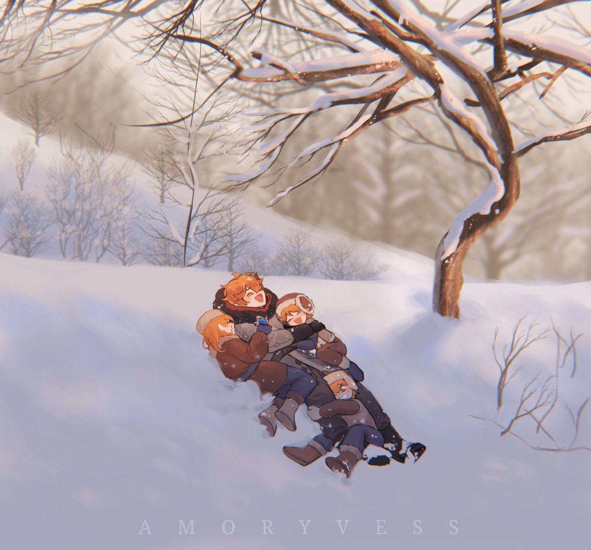 1girl, 3boys, :d, ^_^, ahoge, amoryvess, anthon_(genshin_impact), arm_hug