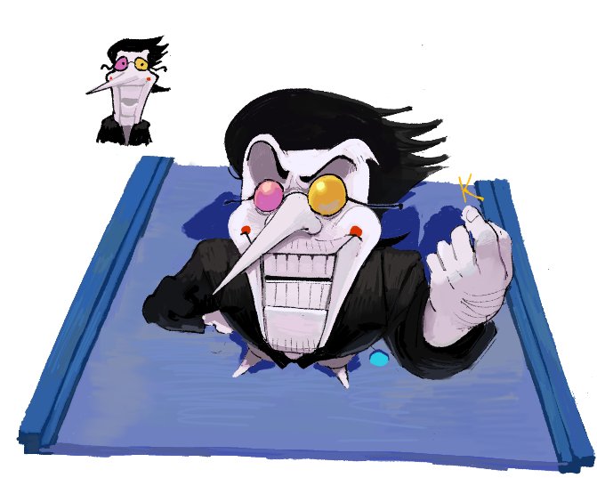 1boy, black_hair, deltarune, facial_hair, hand_hair, hand_on_own_hip, heterochromatic_eyewear, long_nose