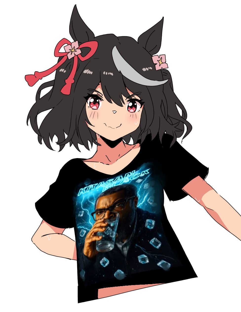 1girl, animal_ears, archives.gokulism, black_hair, black_shirt, closed_mouth, flower, grey_streaks