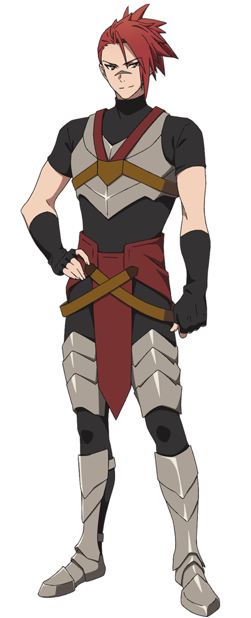 1boy, adam_krensh, anime_coloring, armor, black_shirt, breastplate, clenched_hands, closed_mouth, fingerless_gloves, full_body, gloves, greaves, hand_on_own_hip, highres, looking_at_viewer, official_art, ponytail, red_eyes, shirt, short_hair, short_ponytail, short_sleeves, simple_background, smile, solo, standing, sueoka_masami, the_beginning_after_the_end, transparent_background, tsurime, turtleneck, turtleneck_shirt, v-shaped_eyebrows