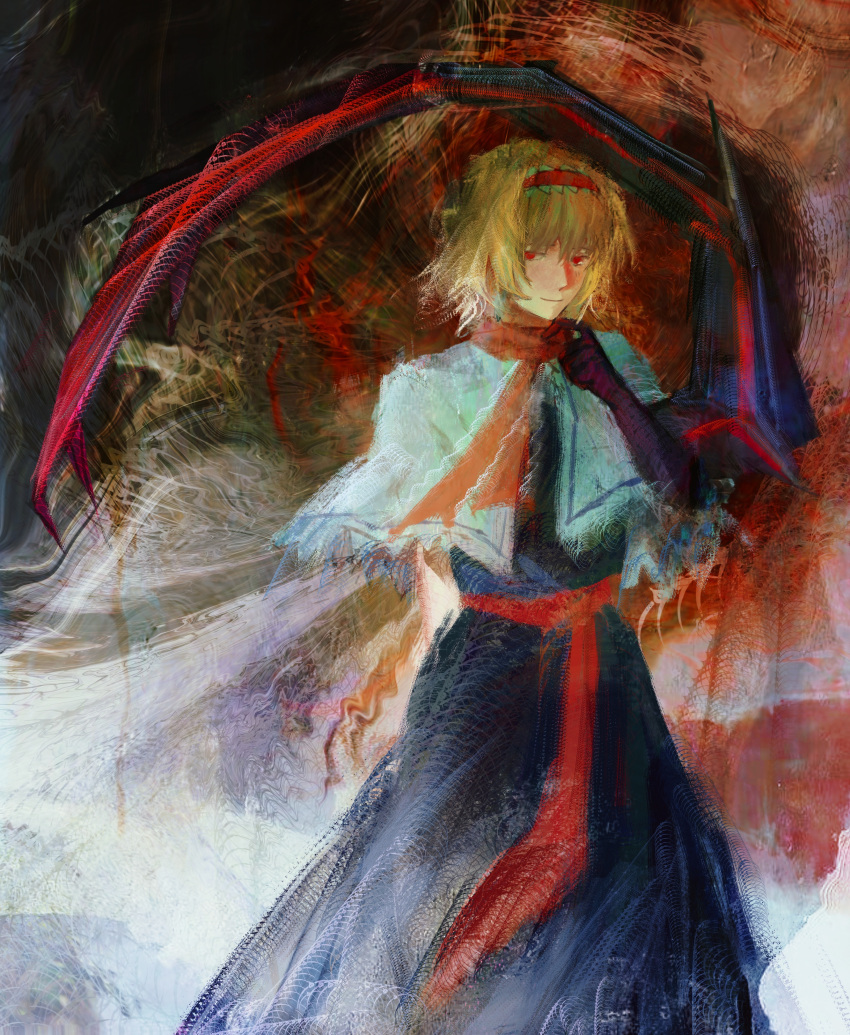 1girl, abstract_background, absurdres, alice_margatroid, blonde_hair, blue_dress, bois_de_justice, capelet
