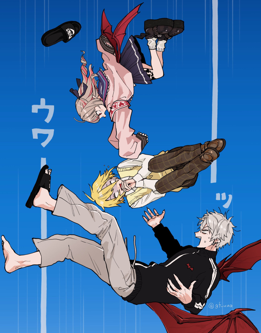 1girl, 2boys, absurdres, black_jacket, black_shoes, black_skirt, blonde_hair, brown_hair