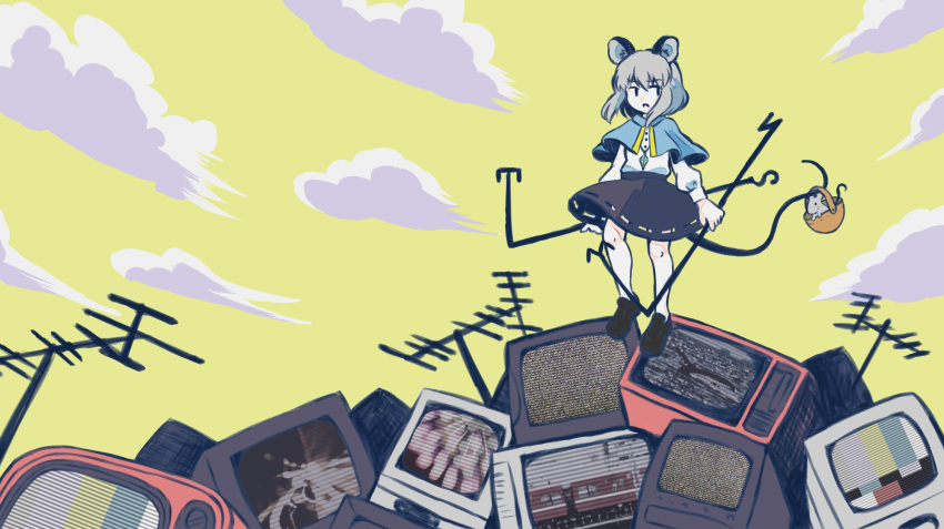 1girl, album_cover, animal_ears, basket, blue_capelet, brown_shoes, capelet, clouds