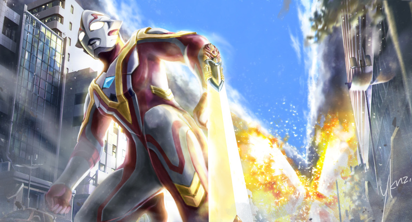 1boy, alien, arm_guards, blue_sky, building, car, city, cityscape, clenched_hands, color_timer, colored_skin, commentary, compound_eyes, day, debris, dorsal_fin, dust_cloud, energy_blade, fire, foot_out_of_frame, foreshortening, giant, giant_male, glowing, glowing_eyes, gold_trim, highres, imminent_explosion, kneeling, knight_brace, lamppost, looking_ahead, male_focus, mebius_brace, motor_vehicle, multicolored_skin, on_one_knee, outdoors, pectorals, red_skin, signature, silver_skin, sky, skyscraper, smoke, snowslide, solo, sparks, tokusatsu, toned, toned_male, tree, two-tone_skin, ultra_series, ultraman_mebius, ultraman_mebius_(mebius_brave), ultraman_mebius_(series), white_eyes