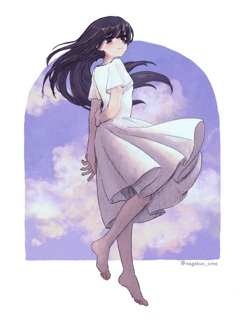 1girl, arms_behind_back, barefoot, black_eyes, black_hair, bright_pupils, closed_mouth, clouds