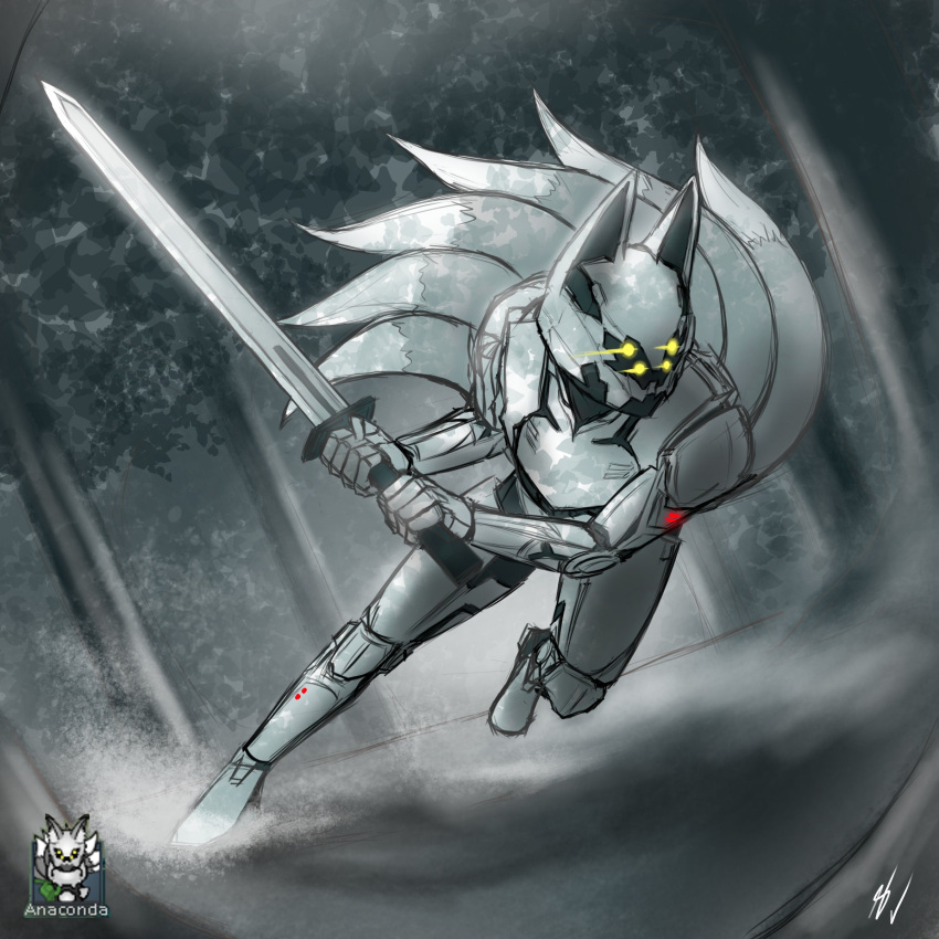 1girl, 48jackal, absurdres, animal_ears, armor, forest, fox_ears, fox_tail, game_screenshot_inset, glowing, glowing_eyes, helmet, highres, holding, holding_sword, holding_weapon, multiple_tails, nature, pawn_(rimworld), power_armor, revia_(rimworld), rimworld, running, signature, snow, solo, sword, tail, tree, weapon